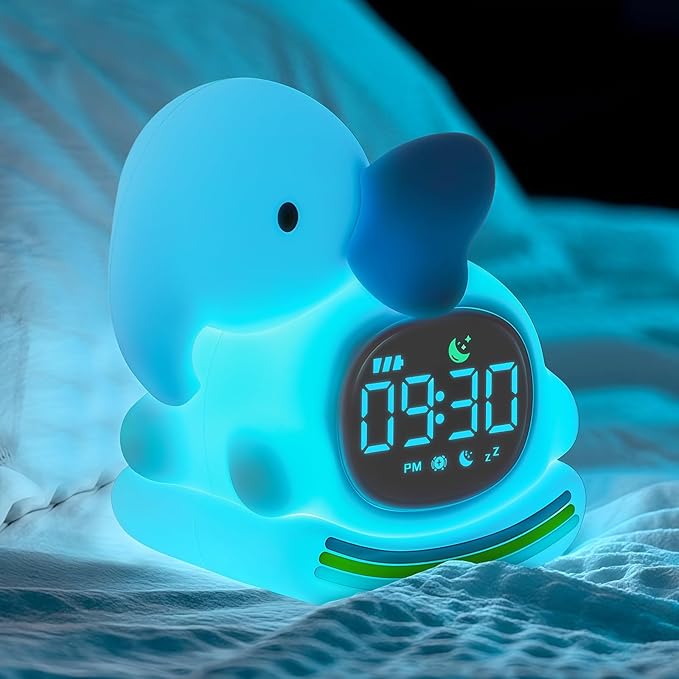 Alarm Clock for Kids with Night Light, Sleep Training Clock Time to Wake Clock, Rechargeable Silicone Light for Bedroom, Perfect Sleep Companion for Boys Girls，Blue Elephant-CubbioJoy