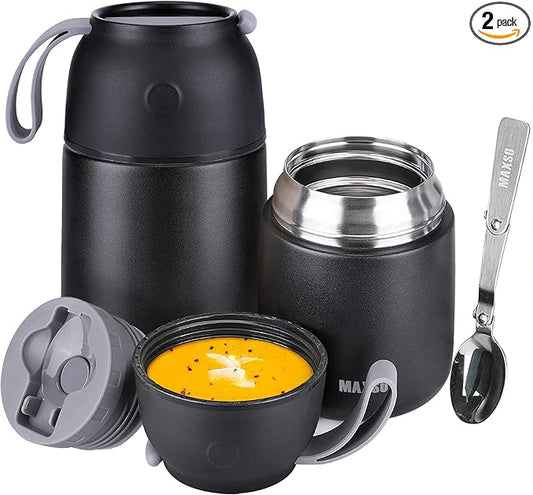 Insulated Thermo Food Jar for Hot & Cold Food for Kids Adult, 17&24 oz Soup Thermal Hot Food Containers for Lunch, Triple Layer Insulation Stainless Steel Food Jar with Spoon (2 Pack Black)-CubbioJoy
