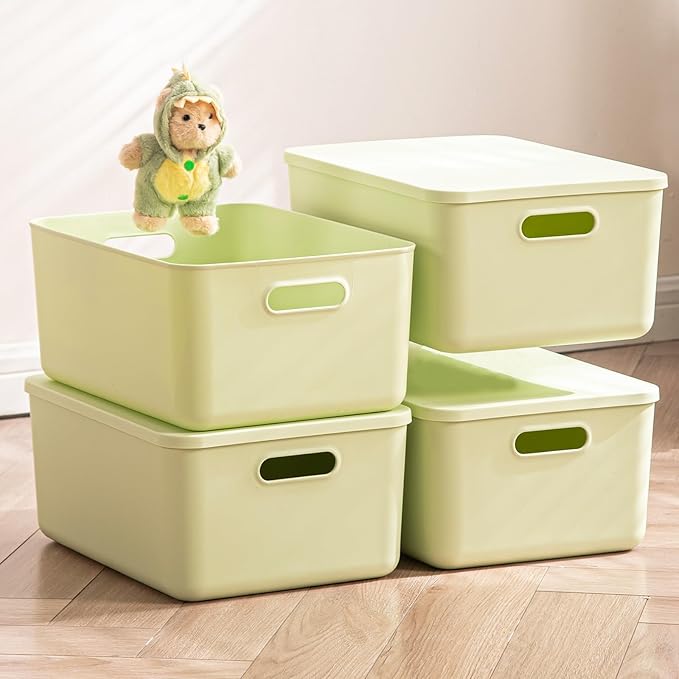 4 pack large plastic White storage bins Baskets, Toy Box Chest with Lids and Handle，Organizer Containers for Baby，Kids,snacks,Nursery，Shelves，Playroom, Bedroom，Office,Closet，home-CubbioJoy