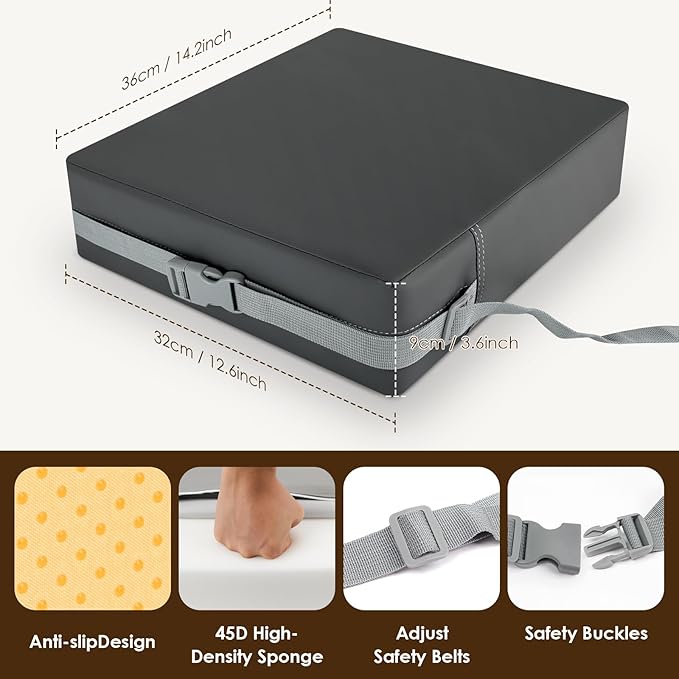 Booster Seat for Kitchen Chair with Comfy Backrest and Adjustable Safety Buckles,Non-Slip Kid Toddler Booster Seat for Dining Table,Portable PU Travel Baby Booster Increasing Cushion Chair-CubbioJoy