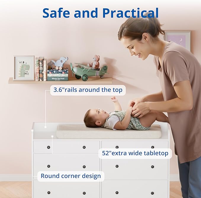 Cozy Castle Baby Dresser with 6 Drawers and Large Table Top, Multi-Functional Chest of Drawer, Drawer Dresser with Three-Sided High Rails for Nursery, Children's Room, Bedroom, White-CubbioJoy