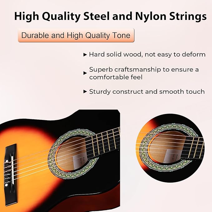 ADM Beginner Acoustic Classical Guitar Nylon Strings Wooden Guitar Bundle Kit for Kid Boy Girl Student Youth Guitarra Online Lessons with Gig Bag, Strap, Tuner, Strings, Picks (34 Inch, Sunburst)-CubbioJoy