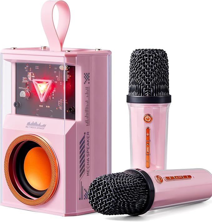 Karaoke Machine for Kids & Adults, Portable Bluetooth Mini Karaoke Speaker with 2 Wireless Microphone and Lights, Birthday Gifts for Girls & Boys, Toys for Girls, Family Home Party (Pink)-CubbioJoy
