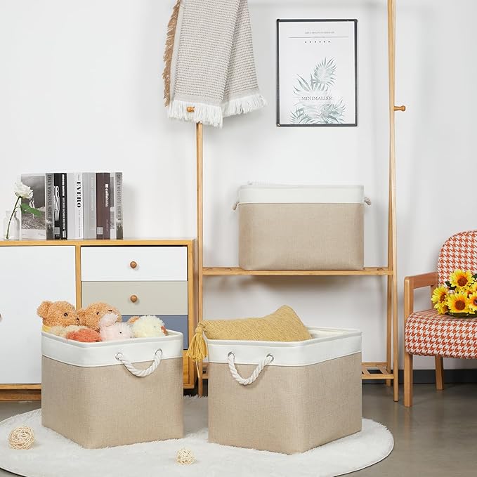 Bidtakay Large Storage Baskets for Organizing Fabric Closet Organizers Storage Bins with Handles 3-Pack 16x11.8x11.8 Inch Collapsible Baskets for Shelves Clothes Home Organization L-White&Beige-CubbioJoy