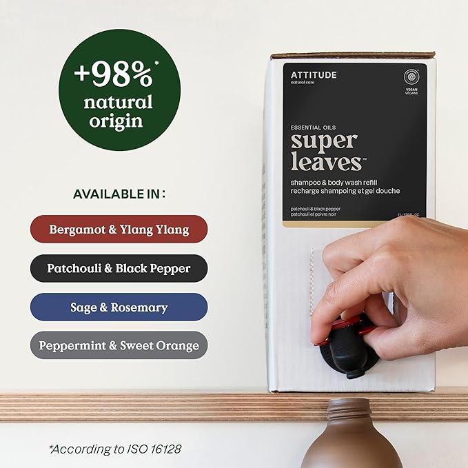 ATTITUDE 2-in-1 Body Wash and Hair Shampoo, EWG Verified Shower Gel, Dermatologically Tested, Made with Naturally Derived Ingredients, Vegan Personal Care, Patchouli and Black Pepper, 67.6 Fl Oz-CubbioJoy