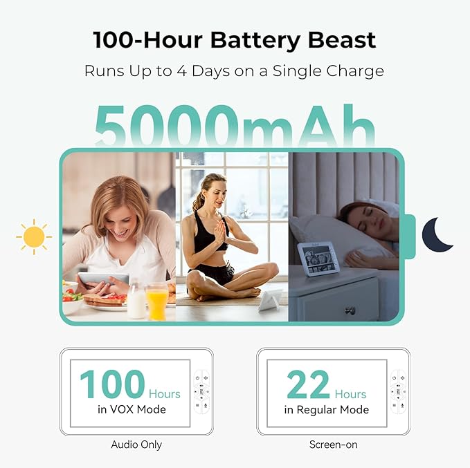 7" 1080P Full HD Split-Screen Baby Monitor,100 Hrs 5000mAh Battery Runs 4 Days with Flexible Bracket,No WiFi Baby Monitor with 2 FHD Cameras Hack-Proof,4X Zoom,2-Way Talk,Temp Alert/Lullabies/VOX-CubbioJoy