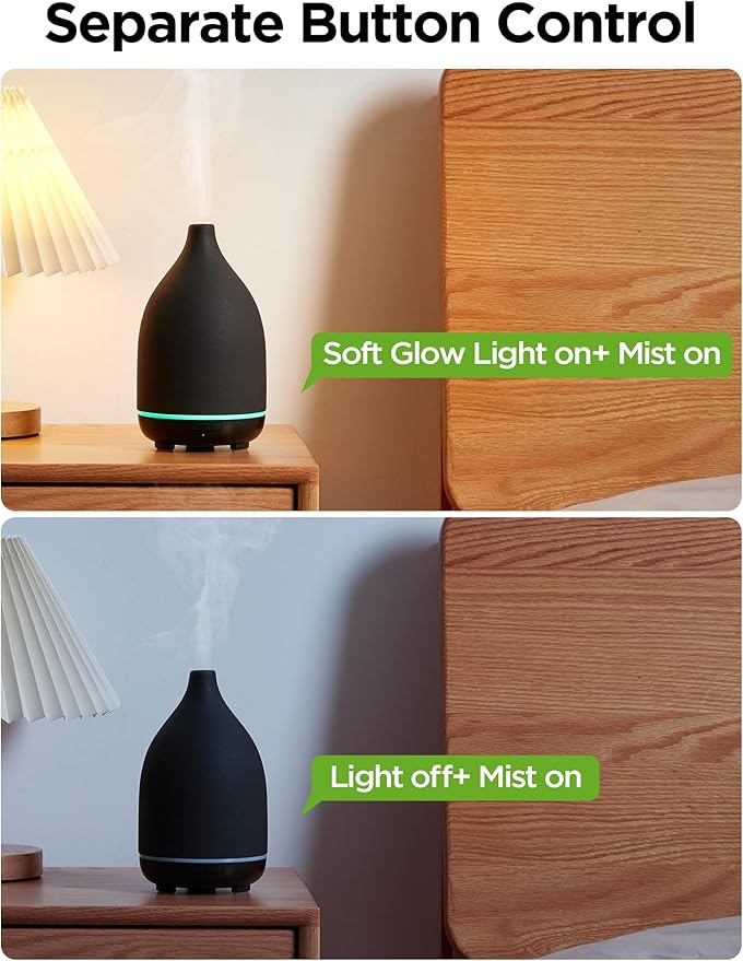 InnoGear Oil Diffuser, 150ML Ceramic Diffuser for Essential Oils Handcrafted Aromatherapy Diffuser Ultrasonic Cool Mist Humidifier with 2 Mist Modes Waterless Auto Off for Room Office, Black-CubbioJoy
