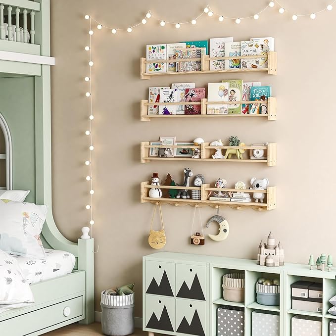 34Inch Nursery Bookshelves,Set of 4,Wall Floating Shelf Kids Coat Rack with 6Hooks,Hanging Book Shelf for Baby Nursery Room Décor， Patent Number: 29958098(Burlywood, 34)-CubbioJoy