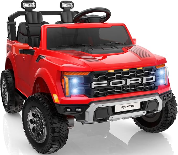 24V 2 Seater Ride on Toys for Kids, Licensed Ford F-150 Raptor Kids Electric Vehicles w/Remote Control, Power Pedal and Durable Wheels, LED Lights, Bluetooth, Truck Bed Storage (Red)-CubbioJoy