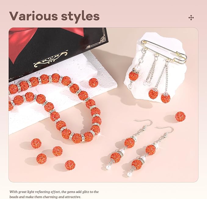 200pcs 10mm Rhinestone Beads for Jewelry Making, Orange Shiny Round Disco Ball Beads Bulk, Sparkle Crystal Clay Christmas for Bracelet Baseball Necklace Earring Crafting and DIY-CubbioJoy