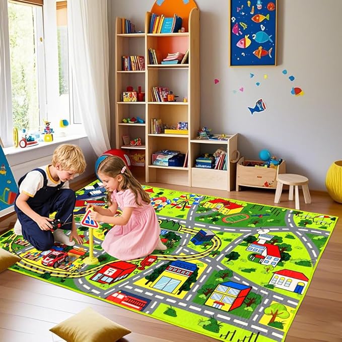 Car Rug Play Mat - Car Train Rugs Playroom Mat, Kids Rugs for Bedroom Road Rug with City Map Design Kid Room Decor, 59x31.49 lnches-CubbioJoy