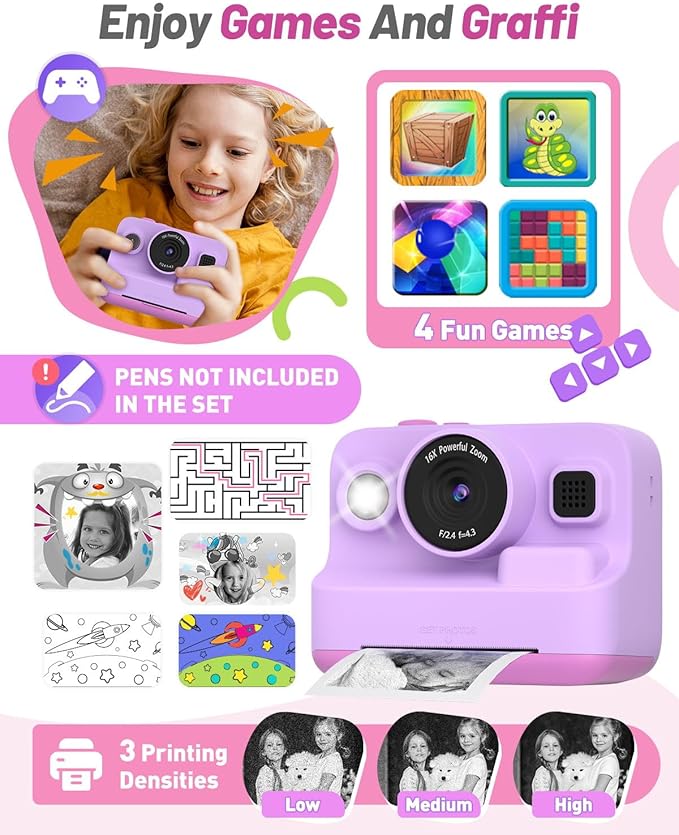 Instant Print Camera for Kids, Christmas Birthday Gifts for 3-12 Year Old Girls Boys, 2.4in Screen 1080P Video Digital Camera Toys for Kids Age 4 5 6 7 8 9 10 with 3 Rolls Print Paper 32G Card-CubbioJoy