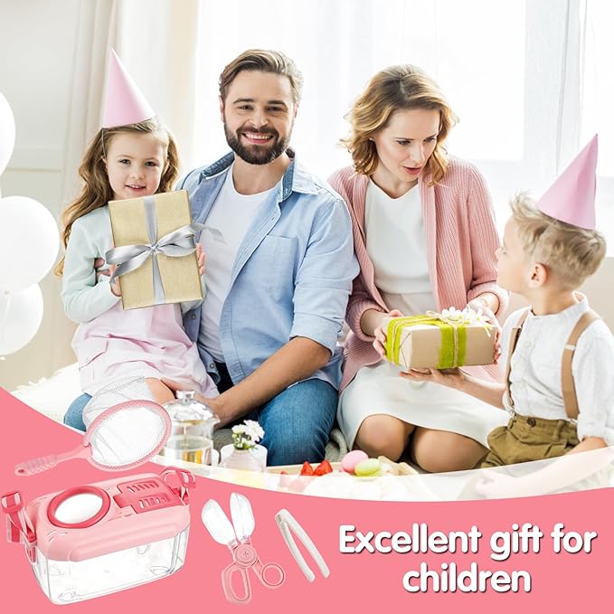 2Sets Bug Catcher for Kids- Sturdy Kids Bug Catching Kit Gifts with Collector Butterfly Net Tweezer, Bugs Habitat Outdoor Explorer Kit for Age 3 4 5 6 7 8, 8Pcs, Pink-CubbioJoy