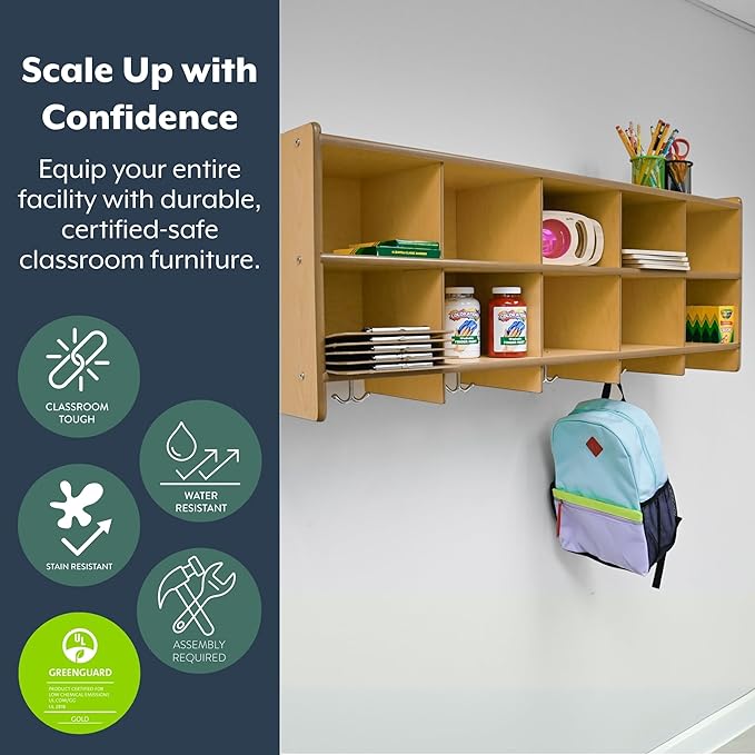 Angeles Value Line 10 Section Wall Locker, Classroom Shelves and Daycare Furniture, Cubby Storage Organizer with Hooks, 48" L x 12" W x 19" H-CubbioJoy
