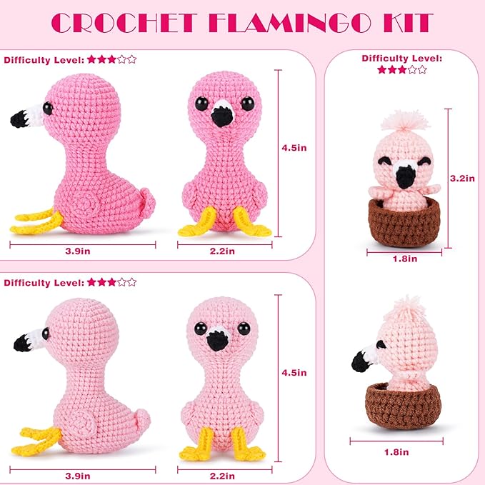 Crochet Kit for Beginners -Flamingo Family Crochet Kits with Step-by-Step Video Tutorials, Beginner Crochet Kit for Adults, Crochet Animal Kit for Kids, 3PCS Flamingo Crocheting Set(Pink)-CubbioJoy
