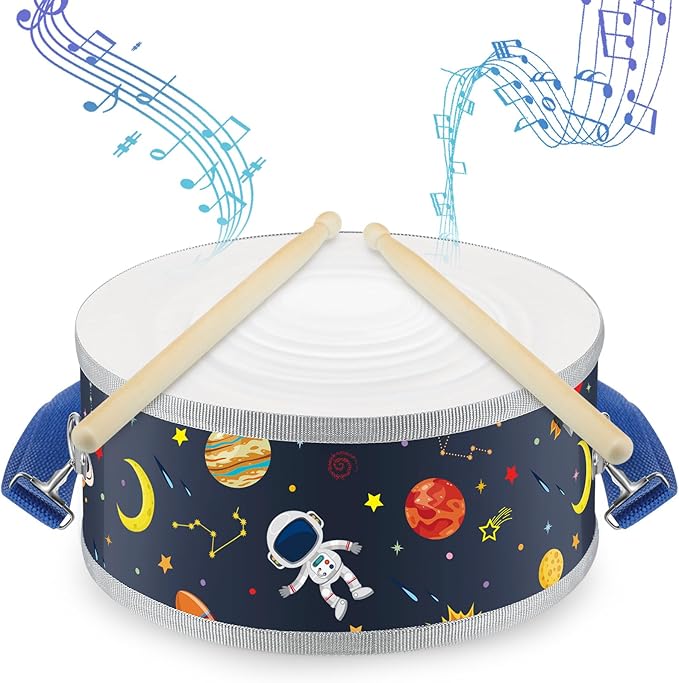 Boao 1 Pc Kids Drum Set, 8 Inch Toddler Drum Wooden Toy with Adjustable Strap and 4 Drumsticks, Educational Sensory Musical Instrument for Toddlers Kid Baby Boys Girls Gift (Space)-CubbioJoy