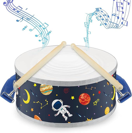 Boao 1 Pc Kids Drum Set, 8 Inch Toddler Drum Wooden Toy with Adjustable Strap and 4 Drumsticks, Educational Sensory Musical Instrument for Toddlers Kid Baby Boys Girls Gift (Space)-CubbioJoy