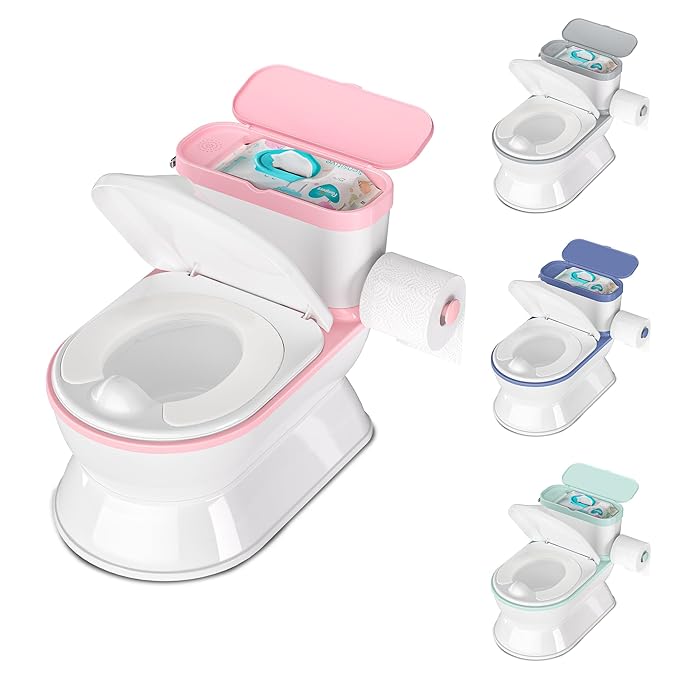 2-in-1 Toddler Potty Training Toilet - Larger Potty Chair & Detachable Training Seat for Boys & Girls Ages 1-3 with Flushing Sound, Wipes Storage, Toilet Paper Holder - Pink-CubbioJoy