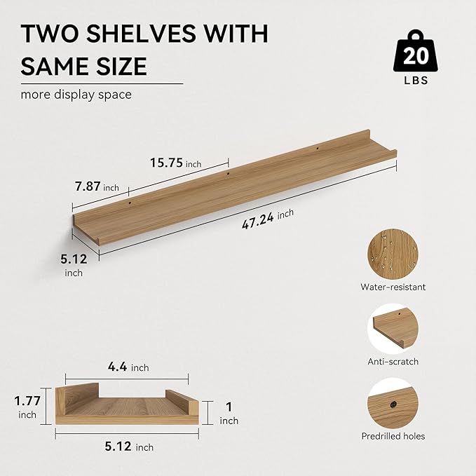 47.2 Inches Long Floating Shelves Wall Mounted, 2 Set Rustic Wall Shelf for Bedroom, Nursery Book Shelf with Lip, Picture Ledge Shelf for Wall Decor Living Room Bathroom Kitchen - Oak-CubbioJoy