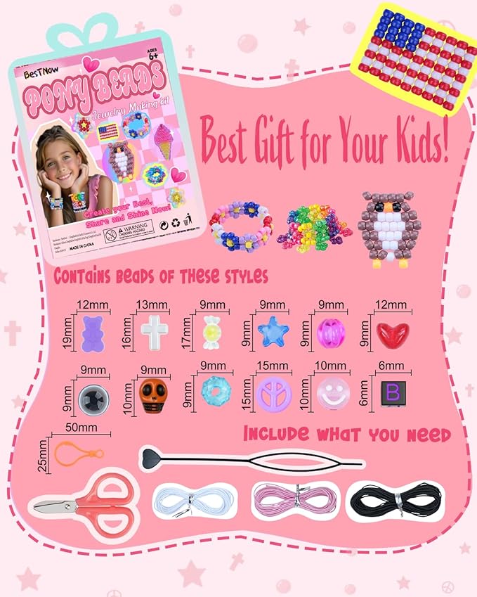 BestNow Kandi Beads Bracelet Making Kit Beads for Pony Beads Polymer Clay Beads 2 Types of Letter Beads 13 Types of Charm Beads for Jewelry Making DIY Arts and Crafts Gifts Toys for Girls Age 6-12-CubbioJoy