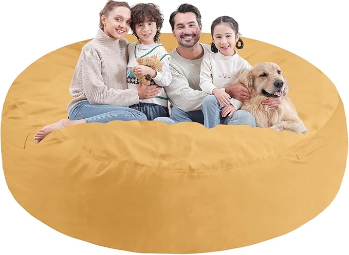 7FT Bean Bag Chair, Large Bean Bag Chairs with Memory Foam Filled, Fluffy Beanbag Sofa with Dutch Velvet Cover, Round BeanBag Chairs for Living Room, Playroom - Mustard-CubbioJoy