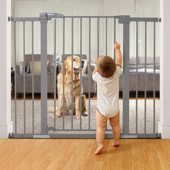 BABELIO 36 Inch Tall Metal Baby Gate, 29-48" Auto Close Pressure Mounted Dog Gate, Gray-CubbioJoy