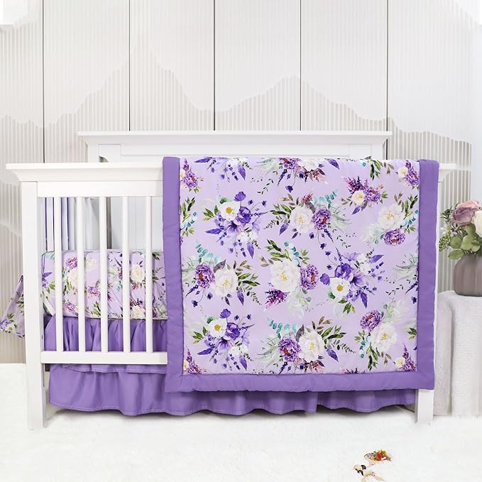 Crib Bedding Set for Girls, Purple Baby Crib Bedding Set 4 Piece, Baby Girl Nursery Bedding Set Including Comforter, Fitted Crib Sheet, Crib Skirt, Diaper Stacker, Floral-CubbioJoy