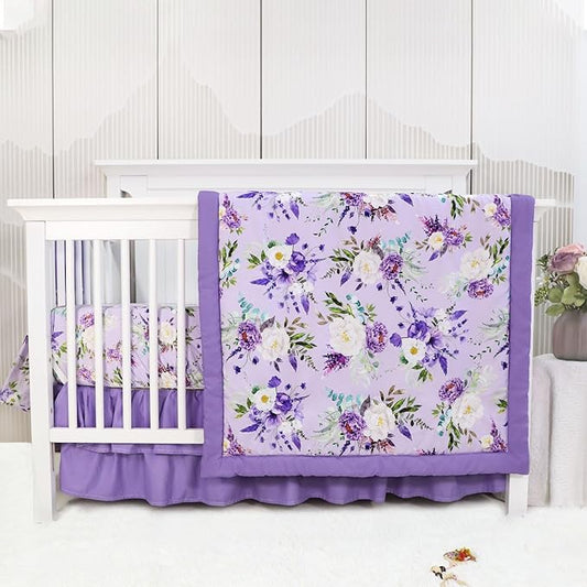 Crib Bedding Set for Girls, Purple Baby Crib Bedding Set 4 Piece, Baby Girl Nursery Bedding Set Including Comforter, Fitted Crib Sheet, Crib Skirt, Diaper Stacker, Floral-CubbioJoy