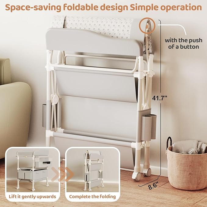 Baby Changing Table, Versatile Folding Changing Table with 2 Drawers, Portable Baby Diaper Changing Station with Toy Holder, Adjustable Height Mobile Nursery Diaper for Infant and Newborn-CubbioJoy