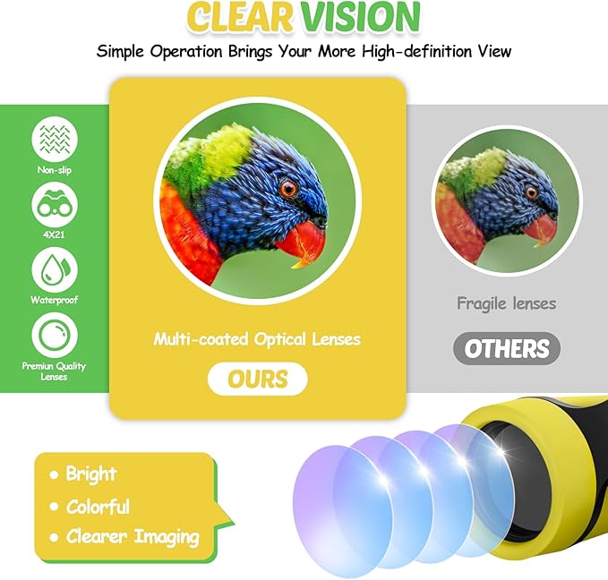 Binoculars for Kids, Kids Binoculars Toys for 3 4 5 6 7 8 Years Boys and Girls, Set with Magnifying Glass & Compass - Birthday Gifts Outdoor Toy for Kid Ages 3-8 Toddler Camping (Yellow)-CubbioJoy