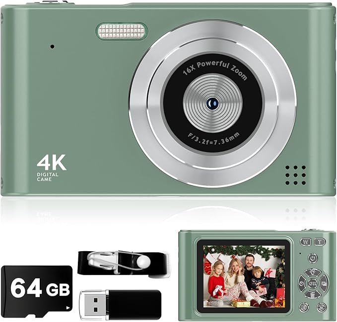 2025 Digital Camera - 1080P Vlog Camera, 44MP Compact, 16X Zoom, Anti-Shake, Green Gift for Kids-CubbioJoy