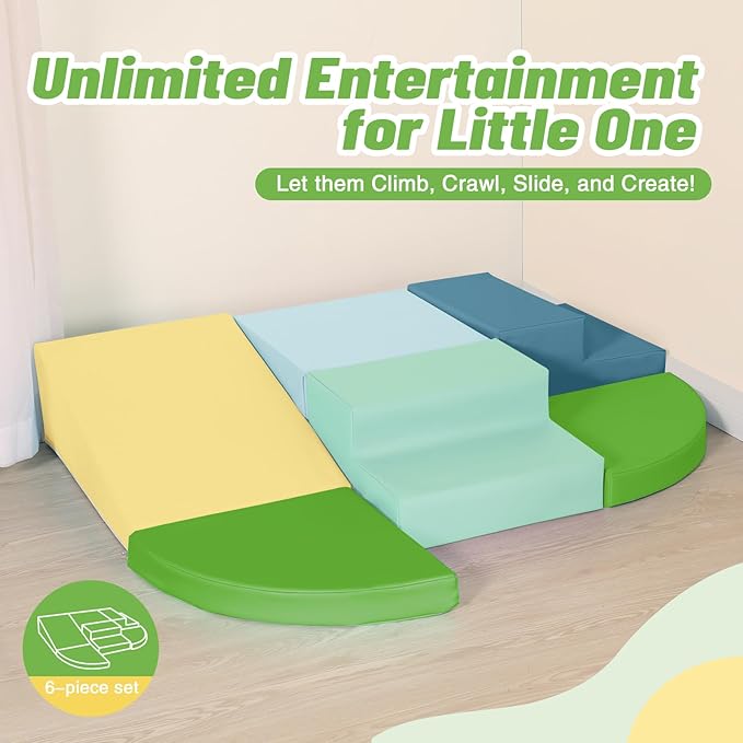 6-Piece Soft PU Leather Toddlers Climbing Toys, Baby Foam Climbing Blocks for Toddlers 3, Foam Play Gym Climbing Structures, Indoor Climb and Crawl Activity Play Set (Light Blue and Green)-CubbioJoy
