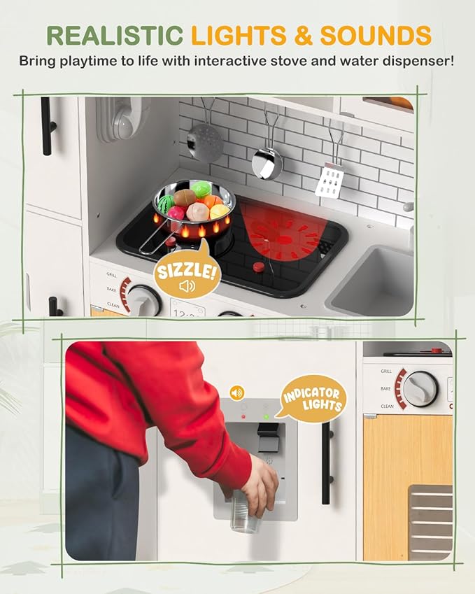 Babytronic Wooden Kitchen Playset for Kids, Interactive Play Kitchen with Lights & Sounds, Children Pretend Toy Kitchen Set with Faucet, Oven, Microwave, Kitchenware for Toddlers Ages 3+ (White)-CubbioJoy