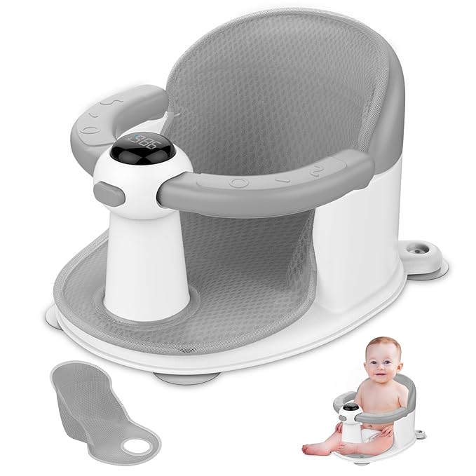 Baby Bath Seat-for Babies 6 Months & up, Water Temperature Display+Soft Cushion, Non-Slip Toddler Bath Seat for Baby, Sit Up Bath Seat for Baby, Grey-CubbioJoy