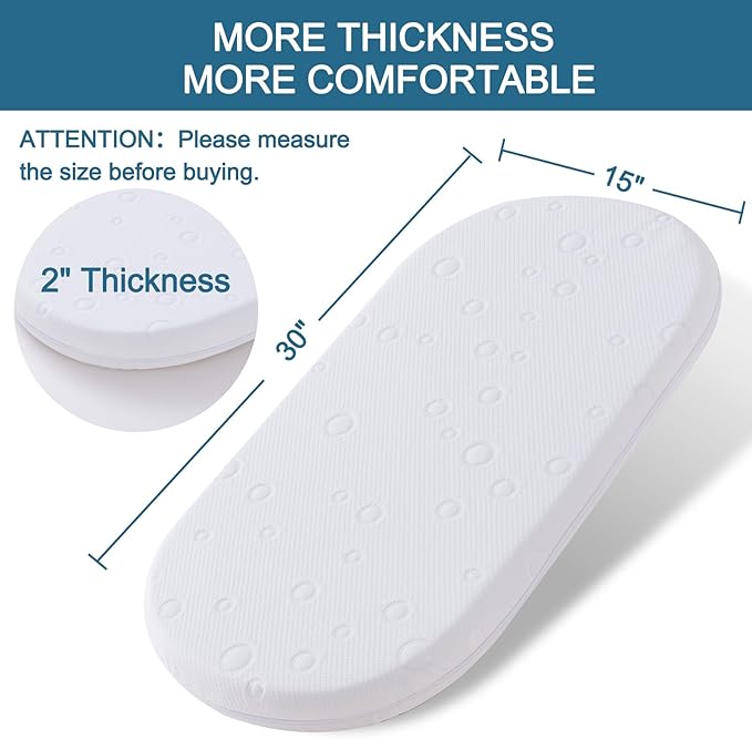 Baby Bassinet Mattress Topper, 30" x 15" x 2" Dual Sided Gel Memory Foam Mattress with Breathable Removable Soft Cover Fit for Most Moses Basket and Dream On Me Lacy Bassinet-CubbioJoy