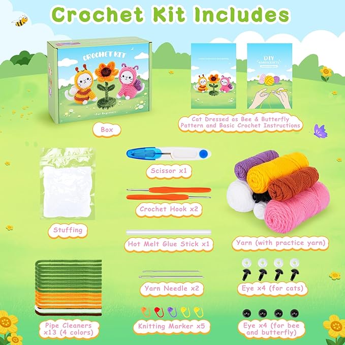 Crochet Kit for Beginners, 2PCS Cats Dressed as Bee and Butterfly Crochet Kits with Step-by-Step Video Tutorials, Beginner Crochet Kits for Kids and Adults, Animal Crocheting Kit for Starters-CubbioJoy