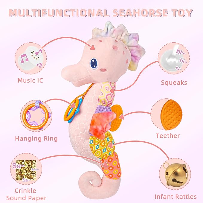 Baby Toys 0-6 Months,Infant Musical Seahorse Stuffed Animals Sensory Toys with Bright Colors,Multiple Textures,Rattles & Crinkle Sound Paper,Soft Tummy Time Toy for Newborn Boys Girls 0-12 Months-Pink-CubbioJoy