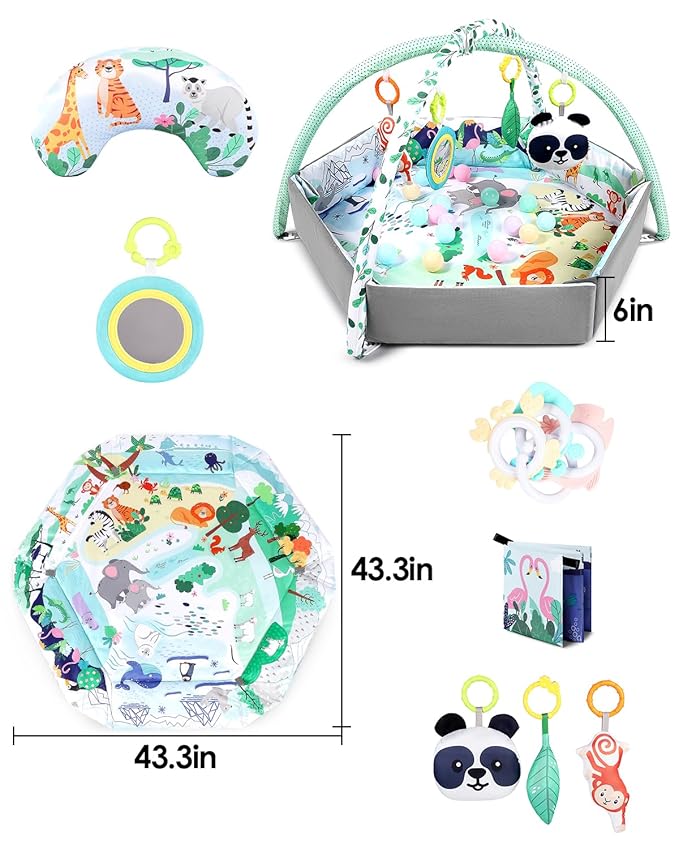dearlomum 4-in-1 Tummy Time Mat,Baby Activity Play Mat,Newborn Play Baby Mats for Floor with 6 Infant Learning Sensory Baby Toys, Toddler Motor Skill Development,Babies Ball Pit with 18 Ocean Balls-CubbioJoy