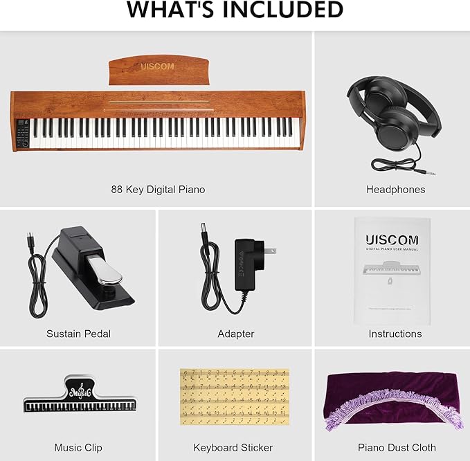 88 Key Digital Piano Keyboard for Beginners,Full Size Electric Piano Semi-Weighted Keyboard with Sheet Music Stand,Pedal,Headphone,Power Adapter,USB-MIDI Compatibility,Wood Grain Brown-CubbioJoy