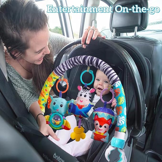 Baby Stroller Arch Mobile With Universal Clamps - Clip-On Activity Bar for Bassinet, Bouncer, Crib, Car Seat - Musical Infant Toys With Elephant Squeaker and Zebra Rattle-CubbioJoy