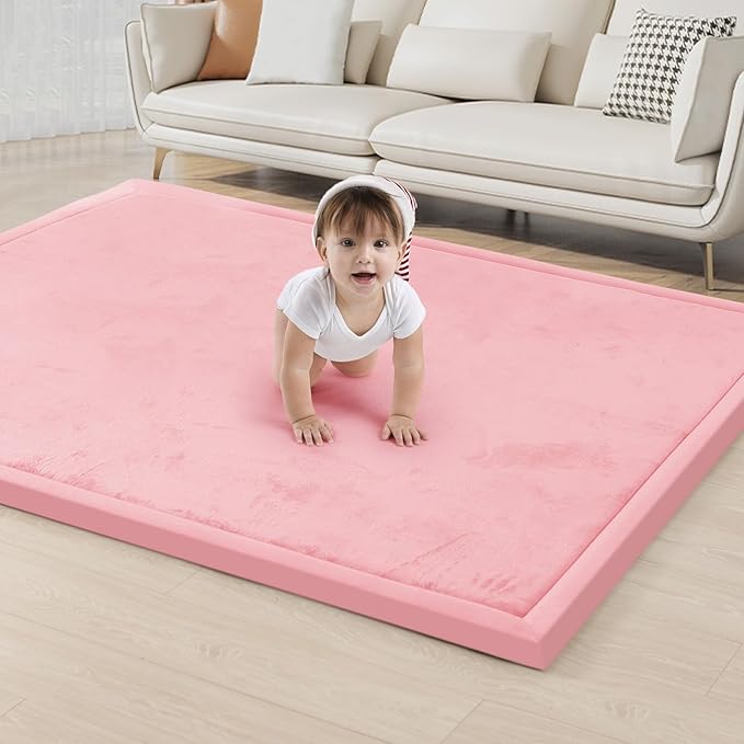ACOMOPACK Baby Play Mat for Floor 1.3" Thick Memory Foam Play Mat 59"×71" Tummy Time Crawling with Non-Slip Bottom for Living Room,Nursery,Soft Velvet Playpen Mats for Kids,Infants（Pink）-CubbioJoy