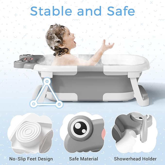 Baby Bathtub, Collapsible Newborn Bathtub for Infant to Toddler 0-24 Months with Soft Cushion and Thermometer,Portable Travel Newborn Tub with No-Slip Feet, Baby Shower Gifts,Grey-CubbioJoy