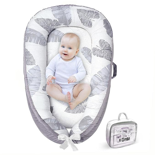 Baby Lounger - Baby Lounger for Newborn 0-24 Months, Breathable, Soft Cotton Baby Nest, Portable Infant Lounger for Home & Travel, Newborn Essentials Gift (Grey Leaf)-CubbioJoy