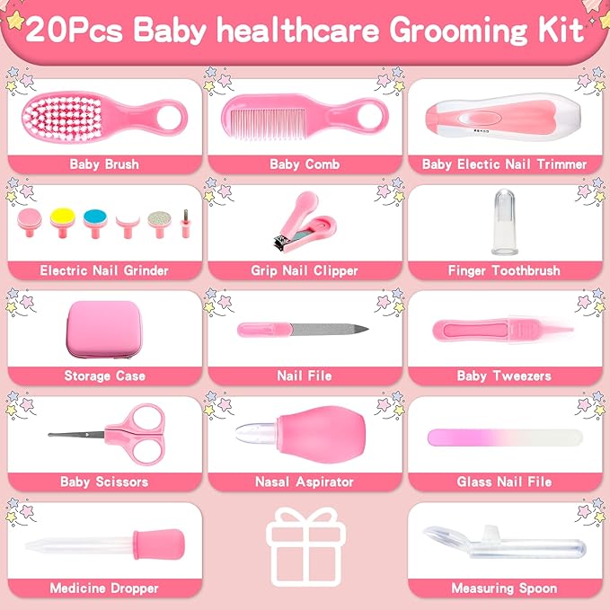 Baby Grooming Kit, Infant Safety Care Set with Hair Brush Comb Nail Clipper Nasal Aspirator,Baby Essentials Kit for Newborn Girls Boys (Pink 20 in 1)-CubbioJoy