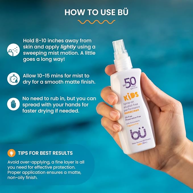 BU SPF 50 Fragrance Free Kids Sunscreen Spray for Face and Body, TSA Travel Size Sunscreen, Clear Non Aeorsol Spray, Non Greasy, Water Resistant and Oil Free, 3.3 oz (3-pack)-CubbioJoy