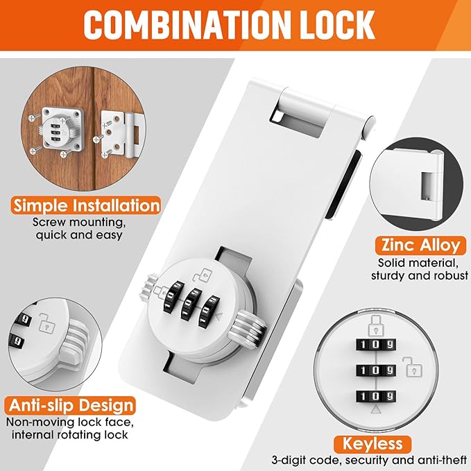 Keyless Cabinet Lock with Combination, Locker Code Lock with 3-Digit Combination, Security Door Lock for Drawers, Lockers, Bifold Doors, Small Doors, Closets, Refrigerators (White-2pcs)-CubbioJoy