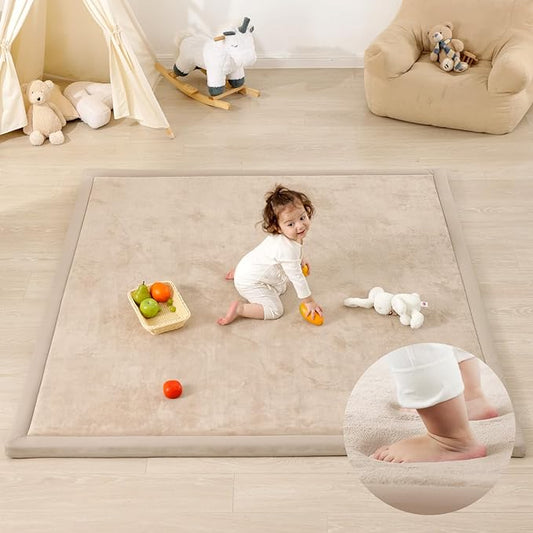 1.3" Thick Baby Play Mat for Floor, 79x79 Large Foam Tummy Time Mat, Padded Support Soft Plush Nursery Rug for Infant Kids Toddler Crawling Kick Activity (Beige)-CubbioJoy