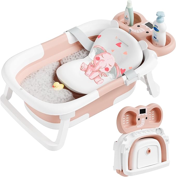 Collapsible Baby Bathtub,Baby Bath Tub with Soft Cushion & Thermometer,Baby Bathtub Newborn to Toddler 0-36 Months,Portable Travel Baby Tub-CubbioJoy