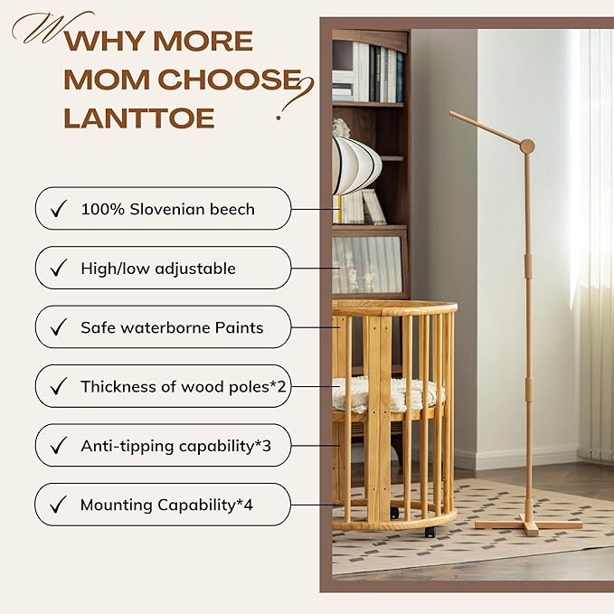 Crib Mobile Arm Wooden Floorstanding - 61 Inches Mobile Arm for Crib|Movable Baby Mobile Hanger|Strong Anti-Dumping Attachment|100% Natural EU Beech Wood|Thicker Wooden Pole|Boho Nursery Decor-CubbioJoy