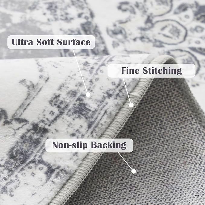 jinchan Round Rug 6ft Area Rug - Grey Vintage Floor Mat Kitchen Indoor Ultra-Thin Soft Floral Print - Washable Circle 6' Retro Accent for Farmhouse Non Slip Dining Room Living Room Bedroom Office-CubbioJoy